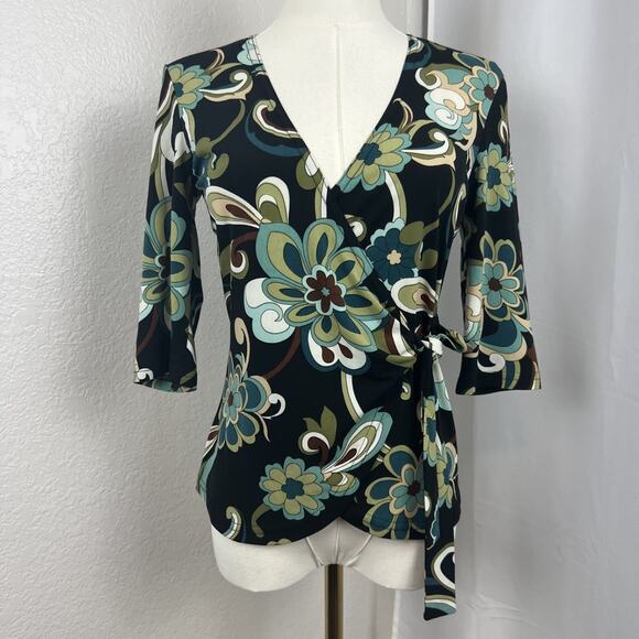 VTG Byer Top Womens Medium Black Retro Floral Wrap Stretch Y2K Boho Fairygrunge - Picture 1 of 11